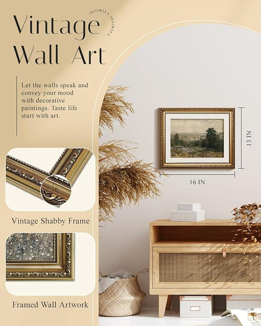 InSimSea Gold Framed Canvas Wall Art Room Decor Vintage Rustic Field Landscape Wall Decoration Prints for Bedroom Living Room Bathroom Farmhouse Retro Botanical Artwork Prints Home Decor 16×13in