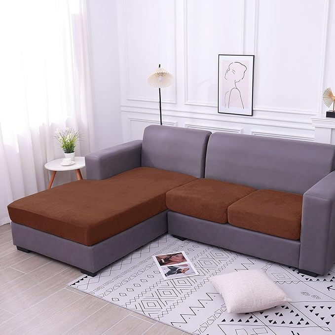 hyha Velvet Couch Cushion Covers, Stretch Chaise Lounge Sectional Couch Seat Covers L Shape for Sectional Sofa, Soft Sofa Cushion Slipcover Washable with Elastic Bottom(Chaise, Brown)