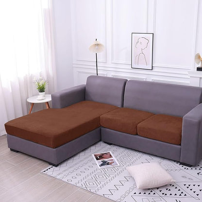 hyha Velvet Couch Cushion Covers, Stretch Chaise Lounge Sectional Couch Seat Covers L Shape for Sectional Sofa, Soft Sofa Cushion Slipcover Washable with Elastic Bottom(Chaise, Brown)