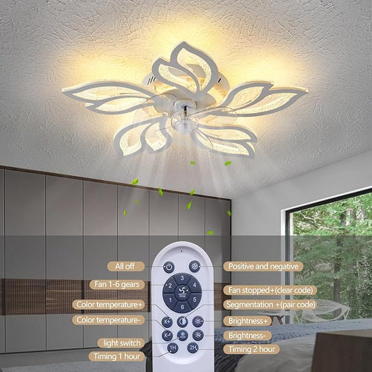 25" White Modern Geometric Ceiling Fan with Lights, 3 Light Color 6 Speeds Flush Mount Low Profile Ceiling Fan for Bedroom Kitchen
