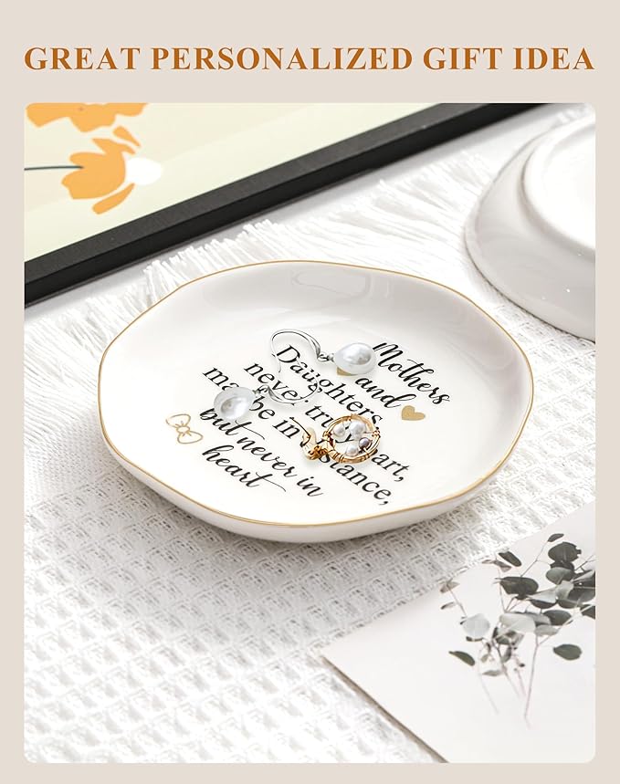 Fmeida Mother Gifts from Daughter - Mothers & Daughters never truly part maybe in distance but never in heart Jewelry Tray, Ceramic Ring Dish Christmas Gifts for Mom Birthday Thanksgiving Mother's Day