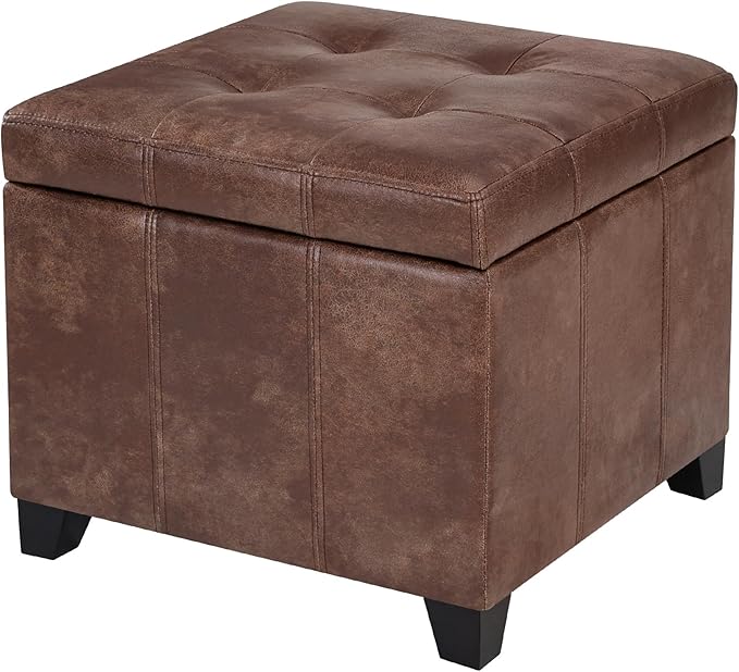 Adeco Faux Leather Storage Ottoman with Hinged Lid, 16 Inch High Vitage Brown Square Cube Foot Stool with Storage, Upholstered Vanity Stool with Solid Wood Legs for Living Room, Bedroom