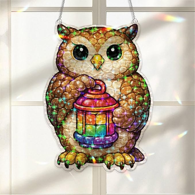 Bronze Owl Beacon Acrylic Suncatcher, Window Hanging Sun Catcher Ornament, Crystal Prism Light Catcher Decor, Sunlight Window Decor, Aesthetic Home Decor Gift