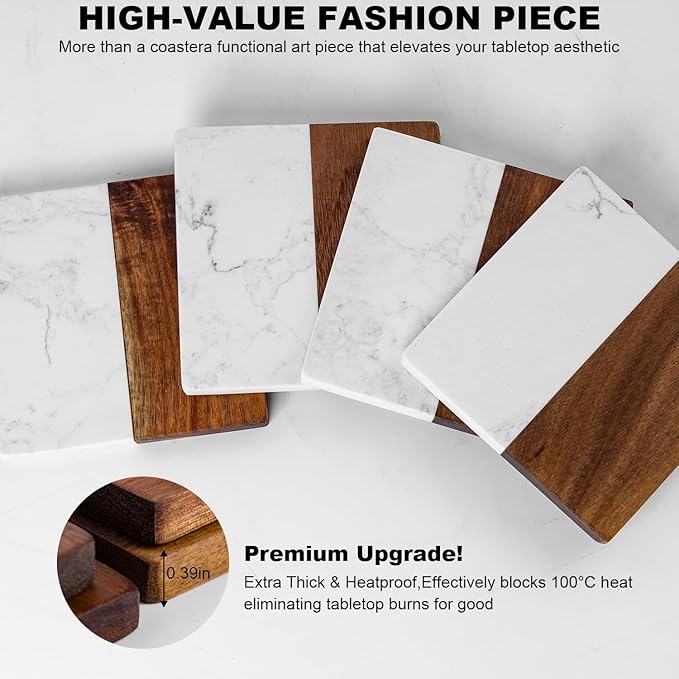 Marble Coasters: 4-Piece Set of Acacia Wood Marble Coasters, Suitable for Kitchens, Offices, and can be Used as Gifts
