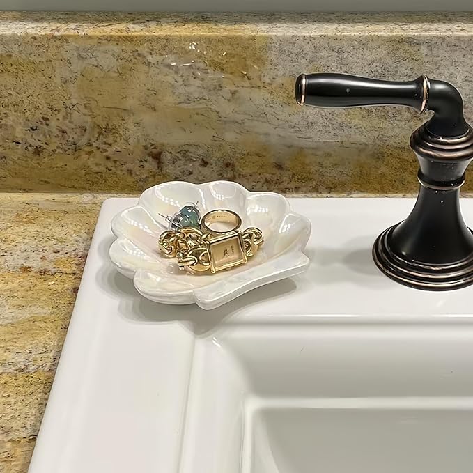 Shell Ceramic Trinket Dish, Cute Ring Earrings Holder Jewelry Tray, Organizer Plate Home Decorations for Bathroom, Bedroom and Dresser Accessories