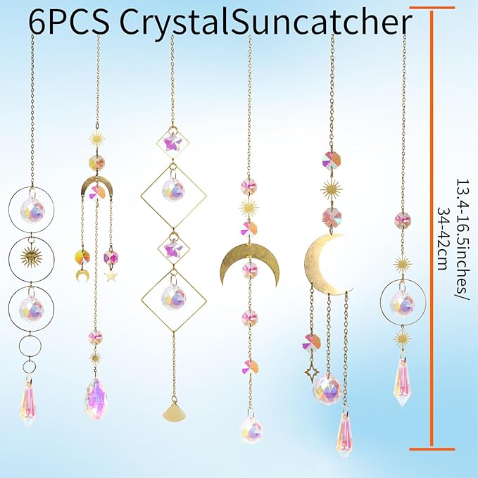 6pcs Crystal Suncatcher, Sun Catcher Hanging for Windows, Spiritual, Rainbow Maker, Crystal Indoor Garden Home Decor,Gemstone Prism（Set 2）