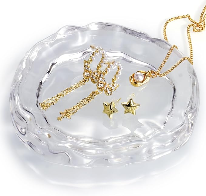 NiHome Clear Glass Jewelry Tray, Ring Dish and Trinket Holder for Women, Gift for Birthday, Anniversary, Christmas, or Valentine’s Day, Decorative Organizer for Vanity, Bathroom, or Bedroom