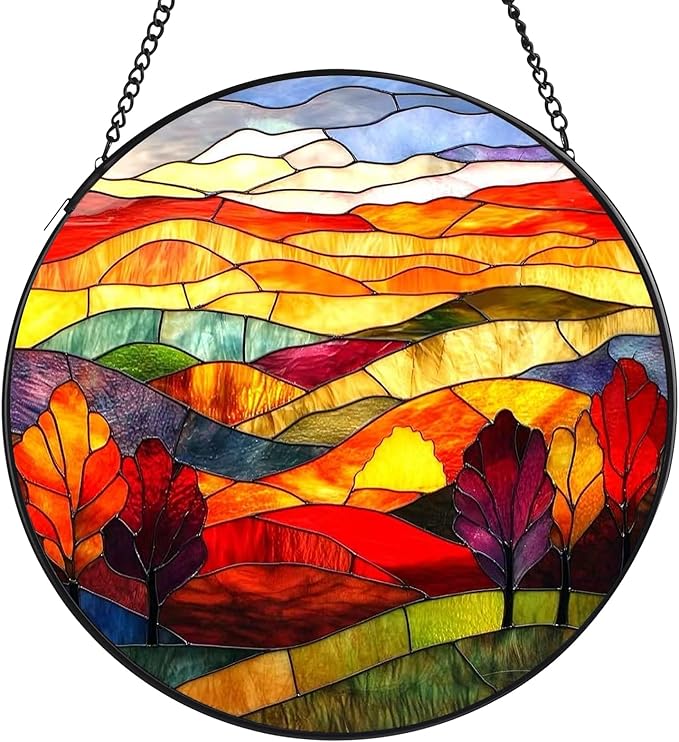 Mountains Rivers Stained Glass Window Hanging, 7.8" Round Sun Catcher Hand Painted Wall Art Decor with Chain, Unique Housewarming Gifts for Couples, Home
