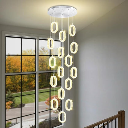 Large Ring Drop Chandelier for Stair Long Spiral Crystal Chandeliers for High Ceiling LED Crystal Ring Chandelier Dimmable 2700K-6000K 16-Light Silver