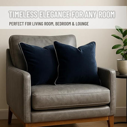 2 Pack Velvet Decorative Throw Pillow Covers, 20"x20", Navy Blue and Grey, Solid, Modern, Contrast Piping, Indoor Use, Bedroom & Living Room
