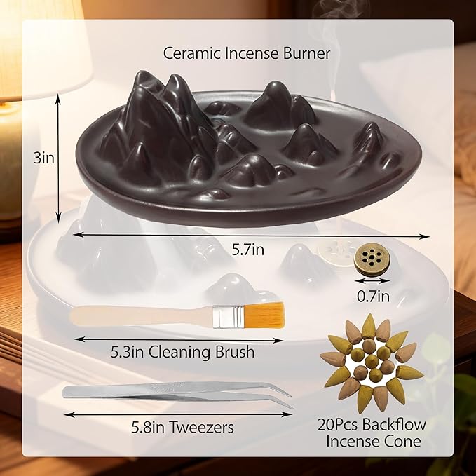 Backflow Incense Burner,Incense Holder,Ceramic Incense Burner with 20 Backflow Incense Cones,Tweezers and Brush
