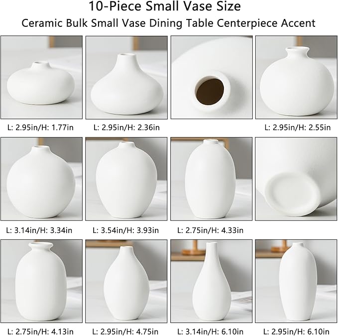 Ceramic Bud Vase Set of 10 - White mini Bud Vases in Bulk Dining Table Centerpieces, Cute Bulk Small Flower Vase for Pampas Grass&Single Flower Decor, Ideal Wedding Window Sill Aesthetic Desk Decor