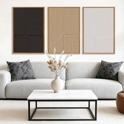 HLNIUC Large Black and White Neutral Wall Art 3 Piece, Boho Abstract Canvas Wall Decor, Minimalist Geometric Line Painting, Mid Century Modern Art Print for Living Room, Bedroom, Office 24x36 In