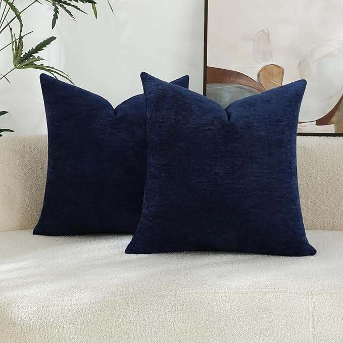 Dark Blue Chenille Decorative Couch Throw Pillow Covers, Soft Cushion Cases for Home Livingroom Sofa Décor, Pack of 2, 14 x 14 Inches