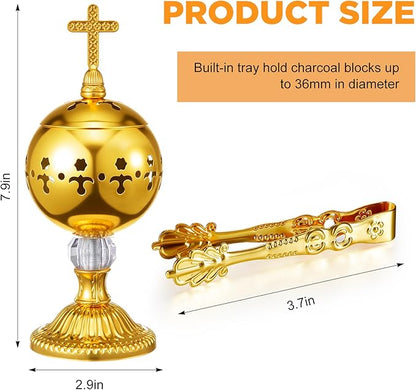 Zonon Catholic Incense Burner with Tong Charcoal Polished Metal Brass Censer Holder Christian Church Censer Burner Holder Cones Cross 7. 9" Aromatherapy Fragrance Ornament(Gold)