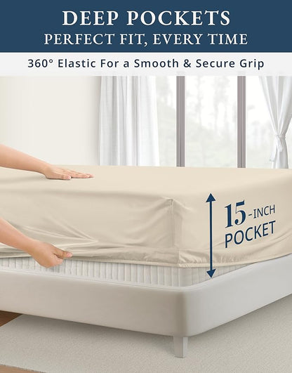 LANE LINEN 100% Egyptian Cotton Queen Sheet Set, Soft & Comfy Hotel Like Thick Fully Elasticized Mercerized Cotton Queen Size Set, No Pill Fade Resistant Queen Sheets, 15" Deep Pocket - Summer Sand