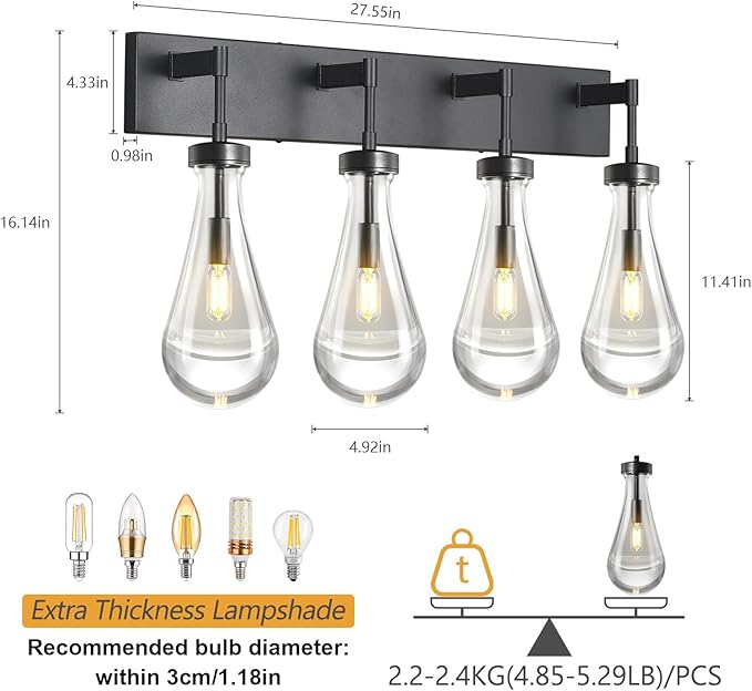 Raindrop Wall Sconces Black Crystal Sconces Wall Decor Modern Lighting Glass Bathroom Sconces Indoor Vanity Light Wall Lamp for Bedroom Living Room Stair(4-Light)