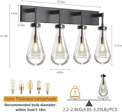 Raindrop Wall Sconces Black Crystal Sconces Wall Decor Modern Lighting Glass Bathroom Sconces Indoor Vanity Light Wall Lamp for Bedroom Living Room Stair(4-Light)