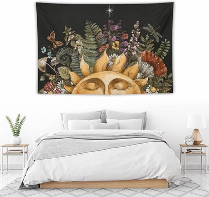 Vintage Sun Tapestry Wall Hanging,Hippie Boho Mushroom Floral Plant Tapestries for College Dorm Living Room Bedroom Decor(40"x60")
