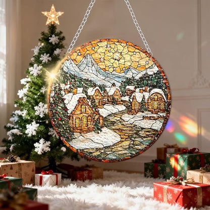 Chrismas Acrylic Stained Glass Window Hanging,Sun Catcher Decor Stained Panel Hangings Wall Art Decor, 2026 8x8inch (SCL011 Snow House)