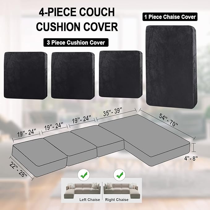 NAISI Sectional Couch Cover 4 Pieces Velvet Separate Couch Cushion Covers L Shape Soft Stretch Sofa Slipcovers with 2pcs Pillowcases for Left/Right Chaise Sectional Couch(3 Seater+1 Chaise,Black)