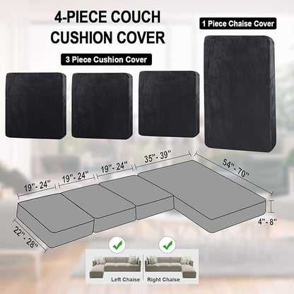 NAISI Sectional Couch Cover 4 Pieces Velvet Separate Couch Cushion Covers L Shape Soft Stretch Sofa Slipcovers with 2pcs Pillowcases for Left/Right Chaise Sectional Couch(3 Seater+1 Chaise,Black)