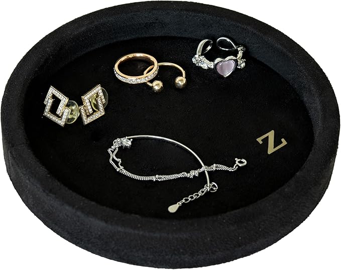 COLLECTIVE HOME - Velvet Jewelry Tray, 6" Monogrammed Jewelry Dish, Smooth Velour Display Dish for Rings, Earrings, Necklaces, Makeup, Personalized Gifts for Women (Black-z)