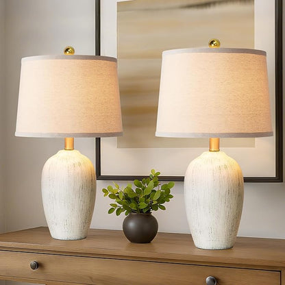 21'' Set of 2 Rustic Ceramic Table Lamps for Living Room Bedroom, Farmhouse Vintage Nightstand Lamps for Office Entryway End Table, 2 Bulbs Included