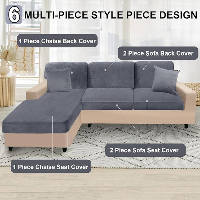 NAISI Sectional Couch Covers 6 Pieces Velvet Couch Cushion Covers L Shape Soft Stretch Sofa Slipcovers with 2pcs Pillowcases for Left/Right Chaise Sectional Couch(2 Seater+1 Chaise+3 Back,Dark Grey)