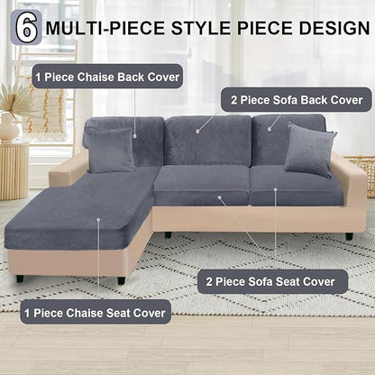 NAISI Sectional Couch Covers 6 Pieces Velvet Couch Cushion Covers L Shape Soft Stretch Sofa Slipcovers with 2pcs Pillowcases for Left/Right Chaise Sectional Couch(2 Seater+1 Chaise+3 Back,Dark Grey)