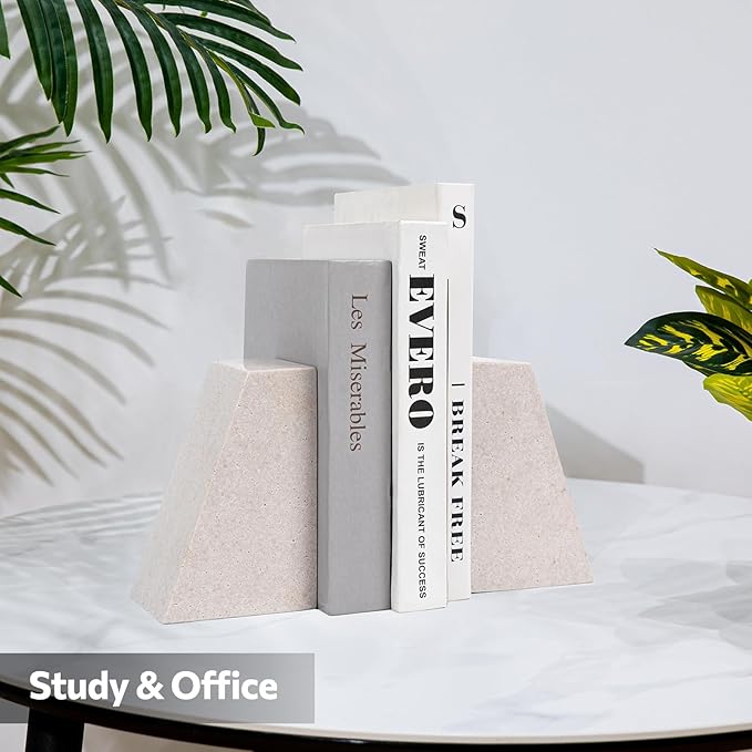 Marble Bookends for Shelves, 11LB Heavy Duty Marble Book Ends for Heavy Books, Stone Bookends Decorative, Polished, Beige Triangular, Set of 2