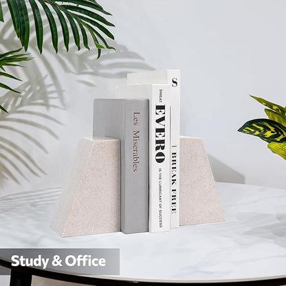 Marble Bookends for Shelves, 11LB Heavy Duty Marble Book Ends for Heavy Books, Stone Bookends Decorative, Polished, Beige Triangular, Set of 2