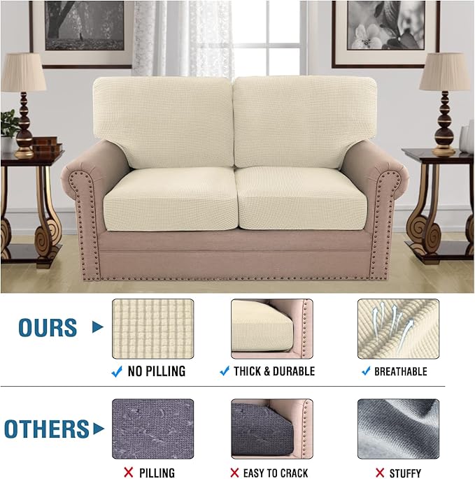 H.VERSAILTEX Multi-Pieces Loveseat Covers for 2 Cushion Couch High Stretch Couch Cushion Covers Jacquard Textured Twill Fabric(2 Seat Covers Plus 2 Back Cushion Covers, Natural)