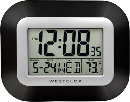 Westclox Large Digital Wall Clock Battery Operated with Temperature Date and Day of Week with Alarm | Modern Digital Desk Clock for Office Kitchen Bedroom or Living Room | Black