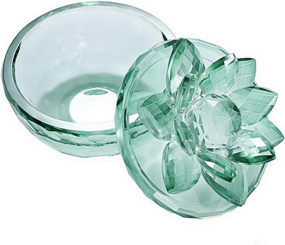 Crystal Jewelry Box, Small Glass Trinket Jar with Lid, Clear Lotus Flower Storage Holder for Women, Elegant Organizer Dish for Ring, Earrings, Necklace, Gift (Green)