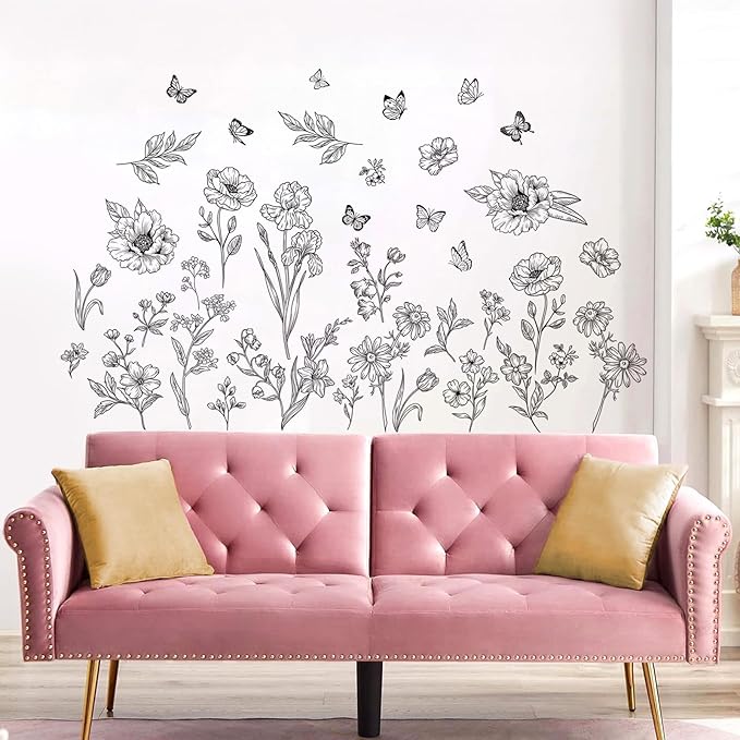 Boho Black Flower Wall Decals Wildflower Butterfly Simple Sketch Wall Stickers Removable Wall Art Decor for Living Room Bedroom