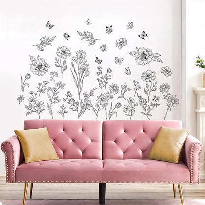 Boho Black Flower Wall Decals Wildflower Butterfly Simple Sketch Wall Stickers Removable Wall Art Decor for Living Room Bedroom