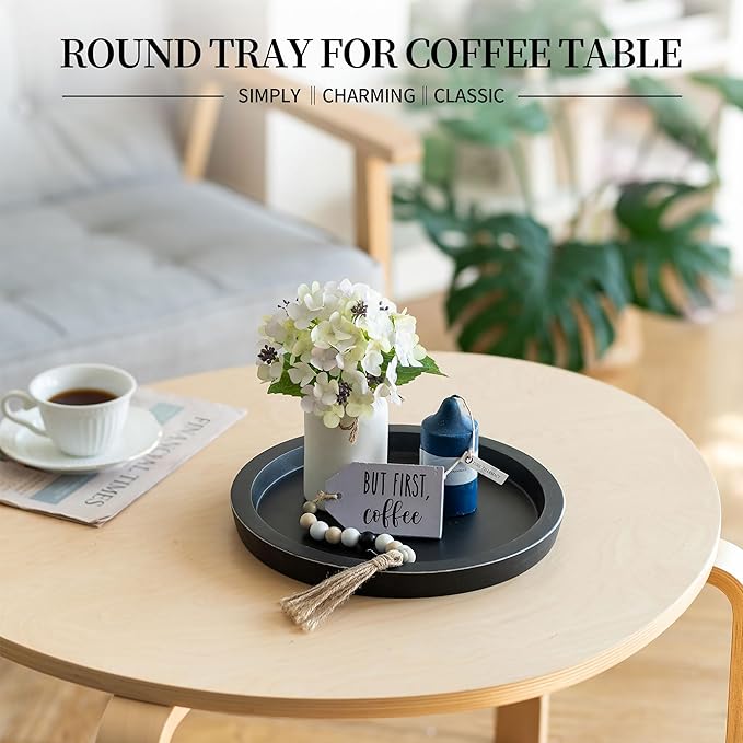 Hanobe Candle Plate Holder Tray: Round Wood Decorative Candle Plate - Rustic Farmhouse CoffeeTable Decor - Tealight Pillar Trays for Home Decor (Black)