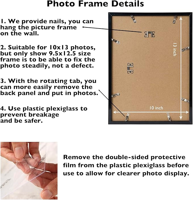 10x13 Black Picture Frame Set of 2, Horizontal and Vertical Formats for Wall Hanging, 10 x 13 Wall Gallery Poster Photo Frames with Shatter Resistant Plexiglass, 2 Pack, Black