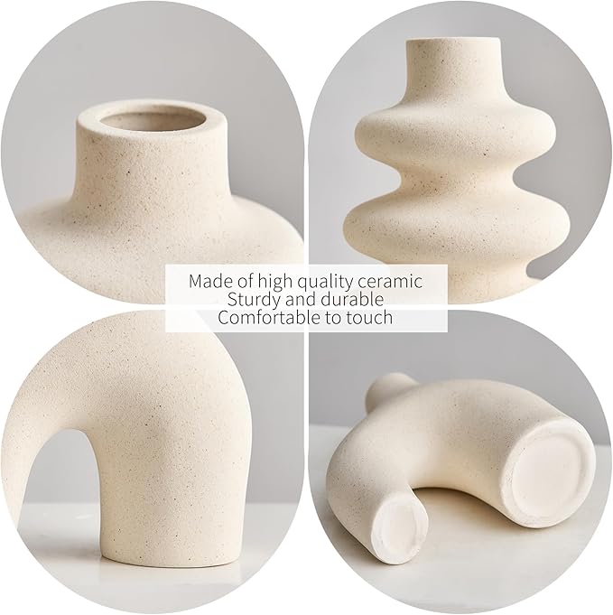 White Ceramic Vase Set of 3, Small Flower Vases for Pampas Grass, Modern Boho Vase for Decor, Round White Vases Centerpieces for Wedding Living Room Bedroom Coffee Table Dinner Table