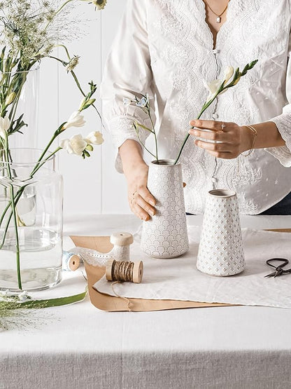 Small Flower Vase for Decor, 6 Inch White Ceramic Embossed Vase for Lego Flowers, Tulip and Pampas Grass, Home Living Room Dining Table Office Decor, Arctic White-Clover