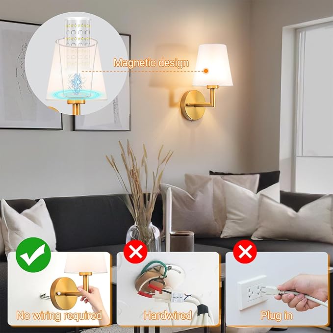 Battery Operated Wall Sconces Set of 2, Wireless Wall Light with 10000mAh RGB Dimmable Magnetic Bulb, Rechargeable Wall Sconce with Remote Control for Bedroom Living Room