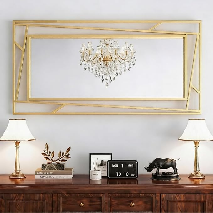 Brushed Gold Bathroom Mirror, 48''X24'' Rectangular Wall Mirrors with Geometric Metal Frame for Bathroom Bedroom Living Room, Hang Horizontally or Vertically