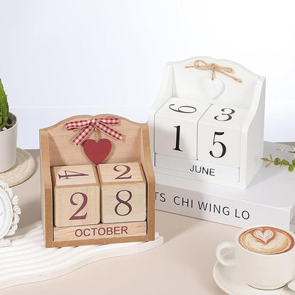 uxcell Wooden Desk Calendar, Wood Block Perpetual Calendar Vintage with 5 Blocks & Heart Reusable Month Date Display for Desk Office Home Desktop Decoration, White