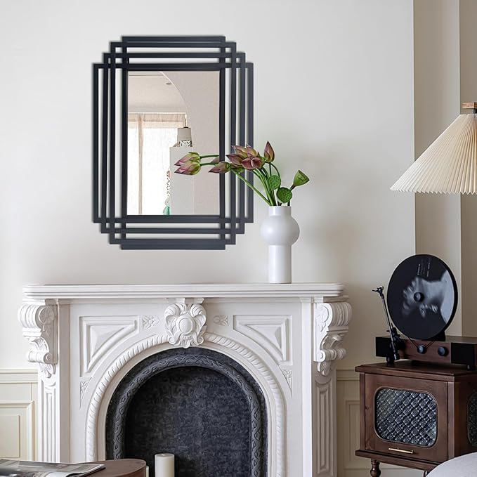 Rectangle Vanity Mirror, 24"x18" Geometric Art Deco Mirror with Metal Frame, Modern Elegant Wall Mirrors for Living Room Bathroom Bedroom Entryway, Hangs Vertically or Horizontally