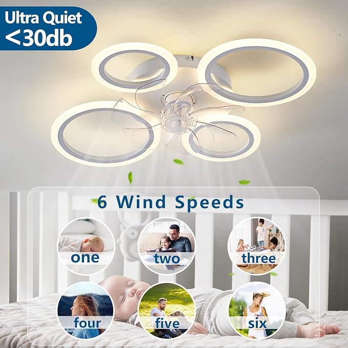 HuixuTe 26" White Geometric Circular Ceiling Fan with Lights Remote Control, 3 Colors 6 Speeds Low Profile Ceiling Fan with Light for Kitchen Bedroom