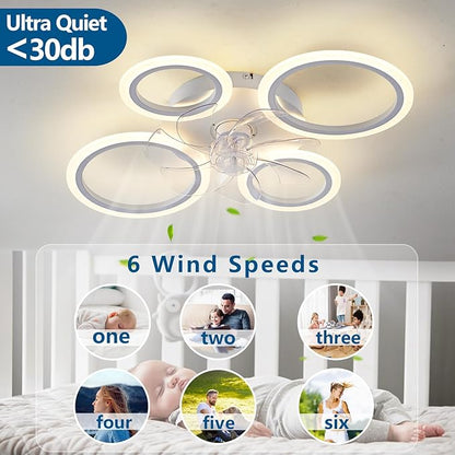 HuixuTe 26" White Geometric Circular Ceiling Fan with Lights Remote Control, 3 Colors 6 Speeds Low Profile Ceiling Fan with Light for Kitchen Bedroom