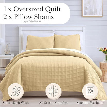 Southshore Fine Living, Inc. Twin Quilt Bedding Set, Soft Brushed Microfiber Coverlet, Stain & Pet Hair Resistant Bedding, Twin/Twin XL Quilt Bedspread Set with Matching Pillow Sham, Gold