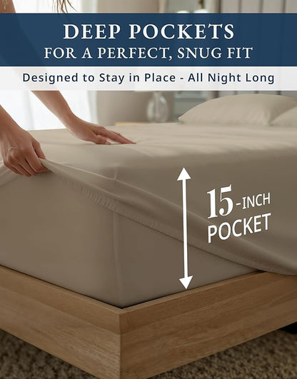 LANE LINEN Luxury 100% Egyptian Cotton Sheets Cal King Sheet Set - 1000 Thread Count, Eo Friendly Oeko-Tex Certified No Pill Fade Resistant Fully Elasticized Machine Washable Cooling Bed Sheet -Taupe