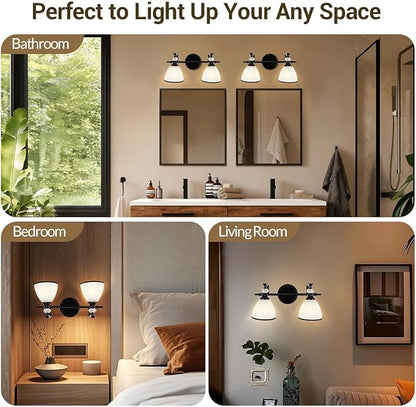 ANDY STAR Bathroom Lighting Fixtures Over Mirror, 2-Light Matte Black Vanity Light with Frosted Glass, Anti-Rust Metal Framed Bathroom Wall Lamp Sconces for Mirror Bedroom, Living Room Hallway